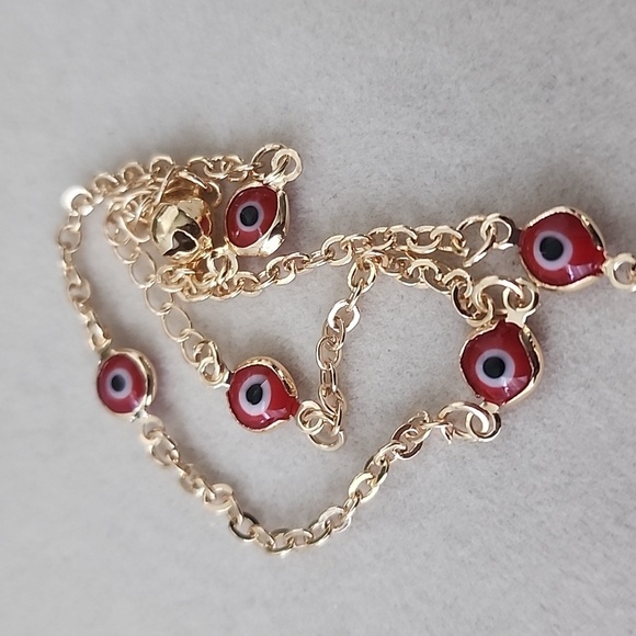 Gold Filled Chain Ankle Bracelet with Red Enamel Evil Eye - Picture 3 of 3
